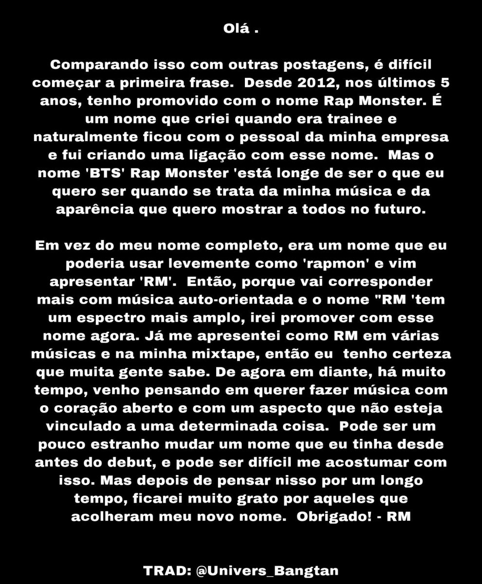 UniversBTS_'s tweet photo. [💜] #1000DaysWithRM

🐨: “É por isso que no futuro, também por causa da música que pretendo produzir, vou mudar meu nome para RM que na minha opinião tem um alcance maior.”

⏳✨Já se passaram 1.000 dias desde que Nam anunciou sua mudança de nome artístico!

🐩 | @BTS_twt https://t.co/90rHurIiTo