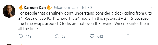 17/Lets move on.Our next entry is from Kareem Carr his example here uses what is referred to as modular math, or, "clock" math. This also can be confusing, so I will explain clock math, and then what Kareem is up to.