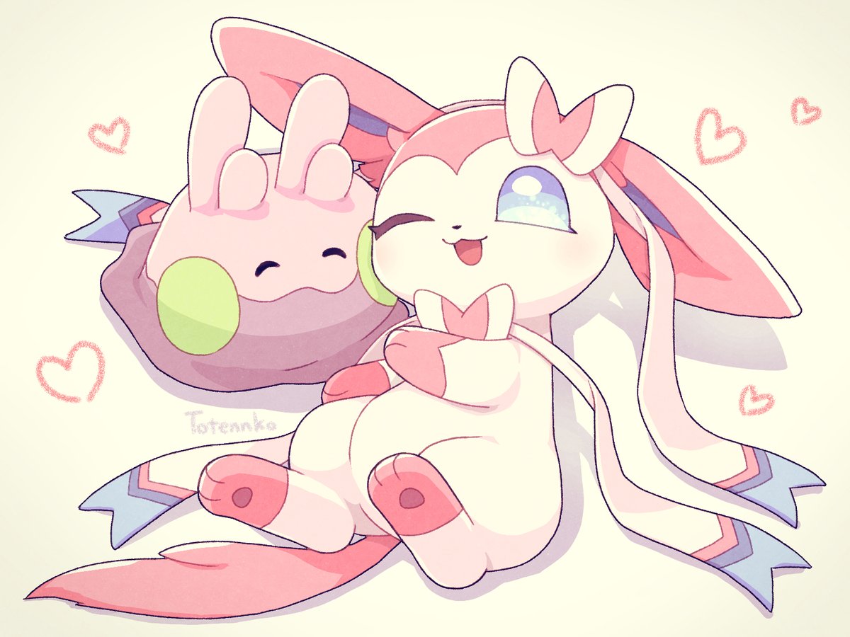 sylveon pokemon (creature) no humans one eye closed open mouth smile heart closed eyes  illustration images