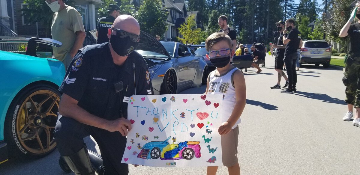 VPDTrafficUnit's tweet photo. Another amazing day visiting special kids with @drivenproject Tyson in his police  uniform stole our hearts.  @VancouverPD https://t.co/ZjOJrpcE4F