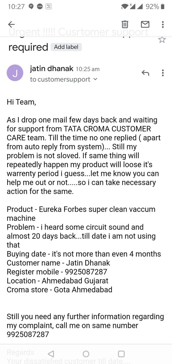 jatindhanak's tweet photo. @cromaretail Hi Team, 

I tried your customercare number and email id both....i am not getting reply properly apart from auto reply. https://t.co/aCU2PI1jO1