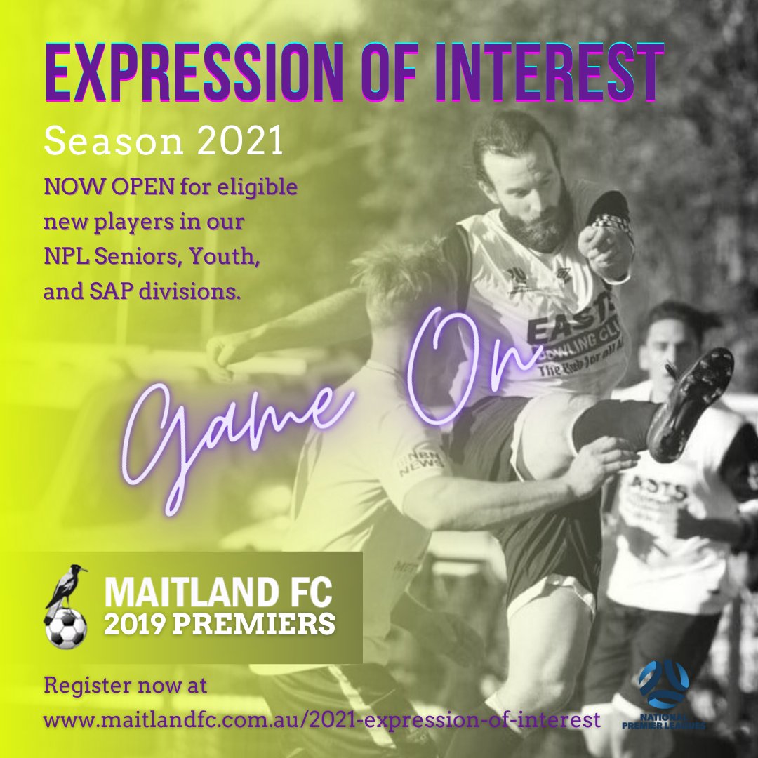 Maitland FC is now inviting Expressions of Interest for our SAP, Youth and Senior NPL teams for 2021.
Please follow the link below to register your interest:
maitlandfc.com.au/2021-expressio…