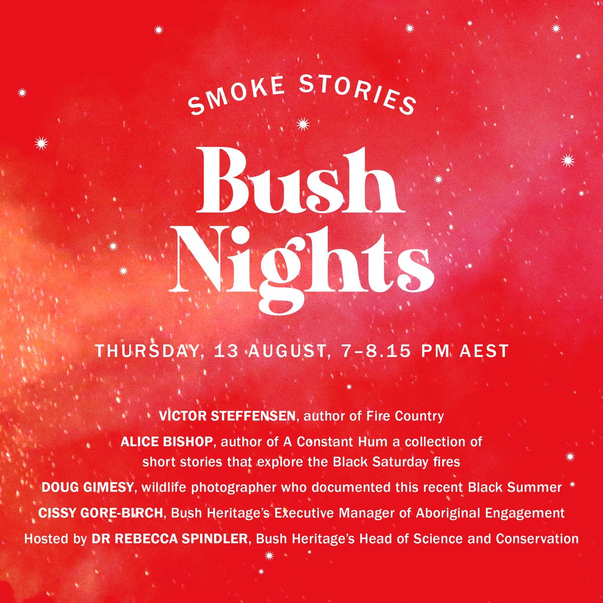 BushHeritageAus's tweet photo. Stories of combustion and connection, stories of loss and resilience, stories that curl out of flames from the combination of heat, oxygen and fuel... 🔥
We’re pleased to announce our storytelling series #BushNights will stream on Facebook Live this Thursday night at 7pm AEST! https://t.co/P8lT07wkug
