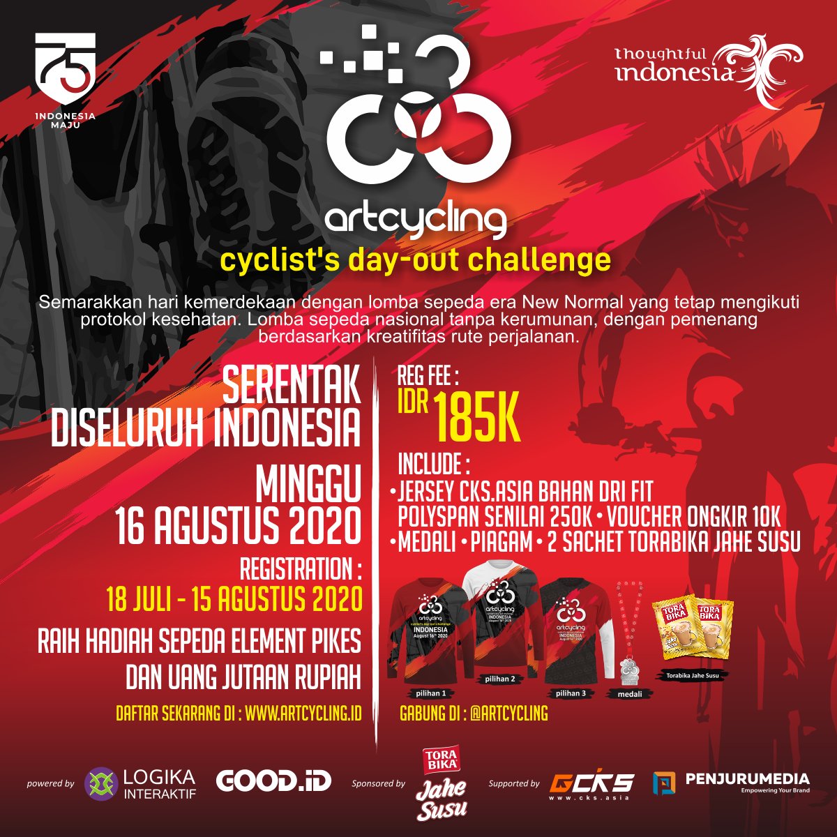 Ikutan Artcycling yuk, event olahraga bersepeda yang seru, aman, dan tetap mengutamakan protokol kesehatan.
Pendaftaran masih dibuka, lho!
Langsung aja cek di sini, ya bit.ly/2XMRk4G
#DiIndonesiaAja
#Artcycling
#BersamaJagaIndonesia
#WonderfulIndonesia