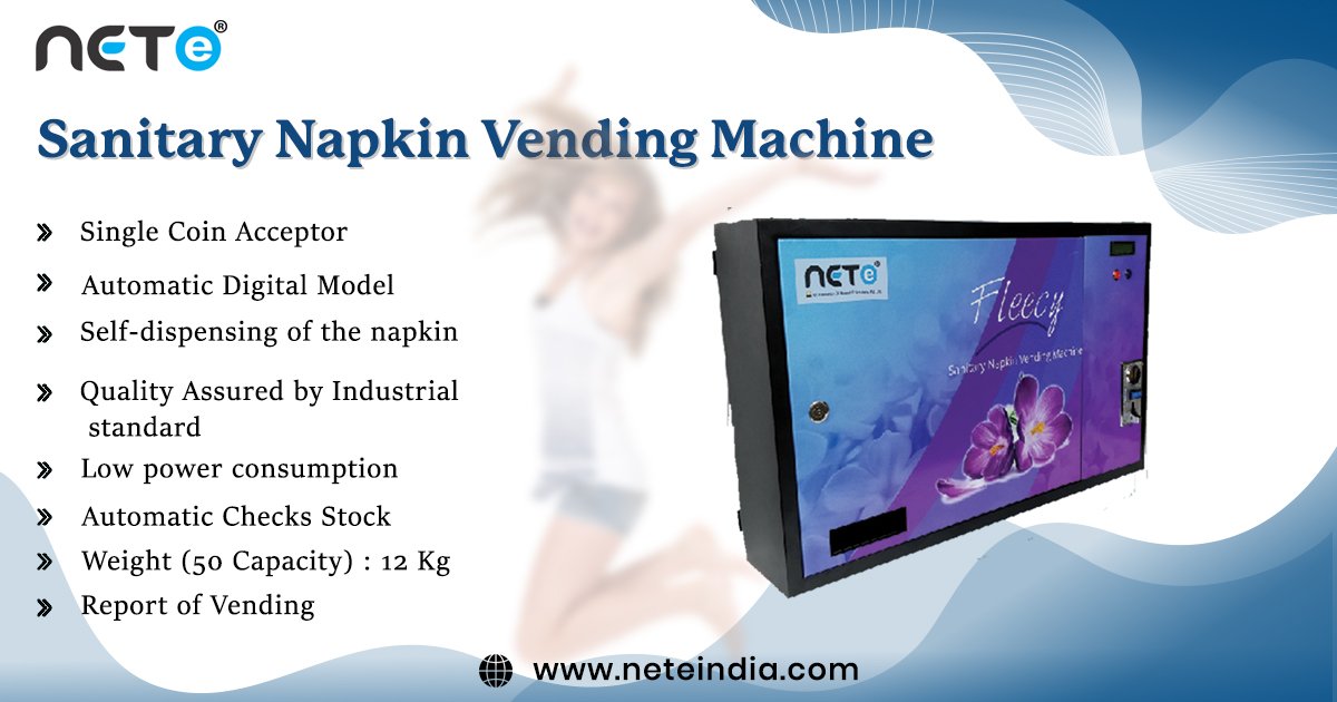 NeteIndia's tweet photo. Net-E – Fleecy is a state of Art and an Innovative, Fully Automatic with two selection button Electronic Vending Machine which Dispenses Sanitary Napkins against acceptance of Coins or MFRC Card.
https://t.co/9I2eP1oALc
#neteindia #creativity #fleecy #sanitarynapkinmachine https://t.co/Ynp7LKVg9A