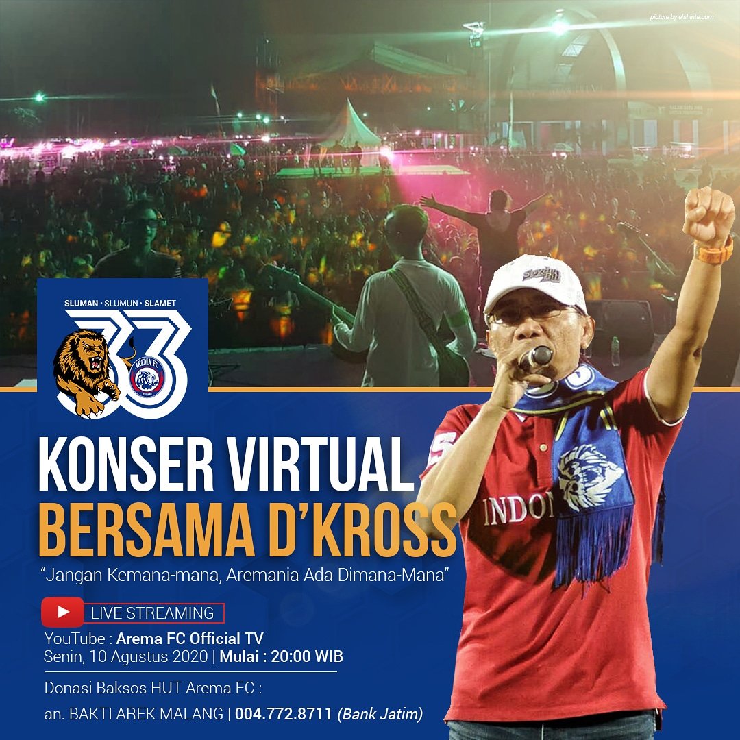 AremafcOfficial's tweet photo. Ayo nawak-nawak Aremania-Aremanita，🎤📲
 ojo lali nonton live streaming konser virtual d'Kross-Aremania. Kadit usah konvoi an, kadit usah nggrumbul. Nonton tekan layar e ewed-ewed. Tambah kipa lek lagi nonton osi sambil donasi ker. Umak mbois ilakes. 

💙💙💙
#slumanslumunslamet https://t.co/qtLjomSfFz
