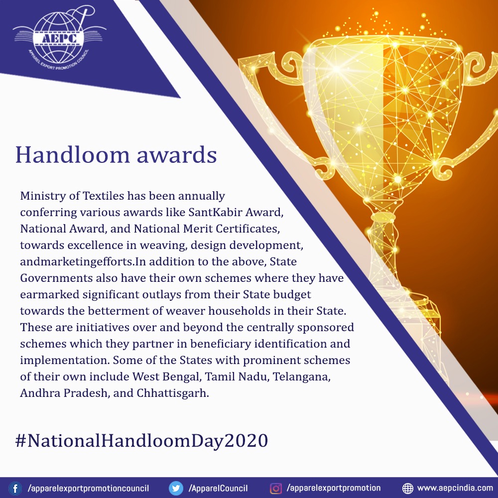 aepcindia's tweet photo. #HandloomFact
Ministry of Textiles has been annually conferring various awards like SantKabir Award, National Award, and National Merit Certificates, towards excellence in weaving, design development, and marketing efforts.
#AEPC #Vocal4Handmade #NationalHandloomDay2020 https://t.co/nAmU8pfwG3