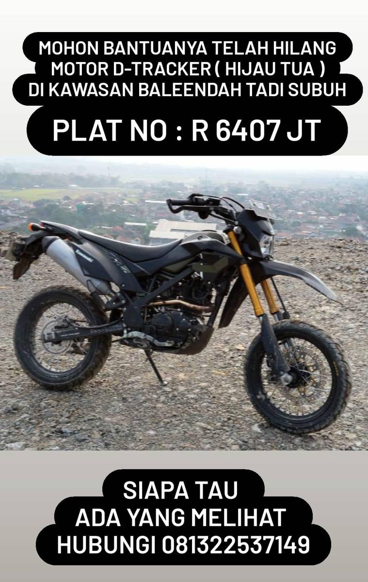 yuyucekal's tweet photo. Twiter please do your magic  🥺🙏
Minta tolong siapa tau ada yang melihat atau berpapasan dijalan mohon diberhentiin atau hubungi sy
tadi subuh telang hilang motor kawasaki dtracker warna hijau tua di kawasan baleendah.
@infobdg @PRFMnews @AtcsBandung @RTMC_PoldaJabar @LMbandung https://t.co/LgwAAbk7RJ