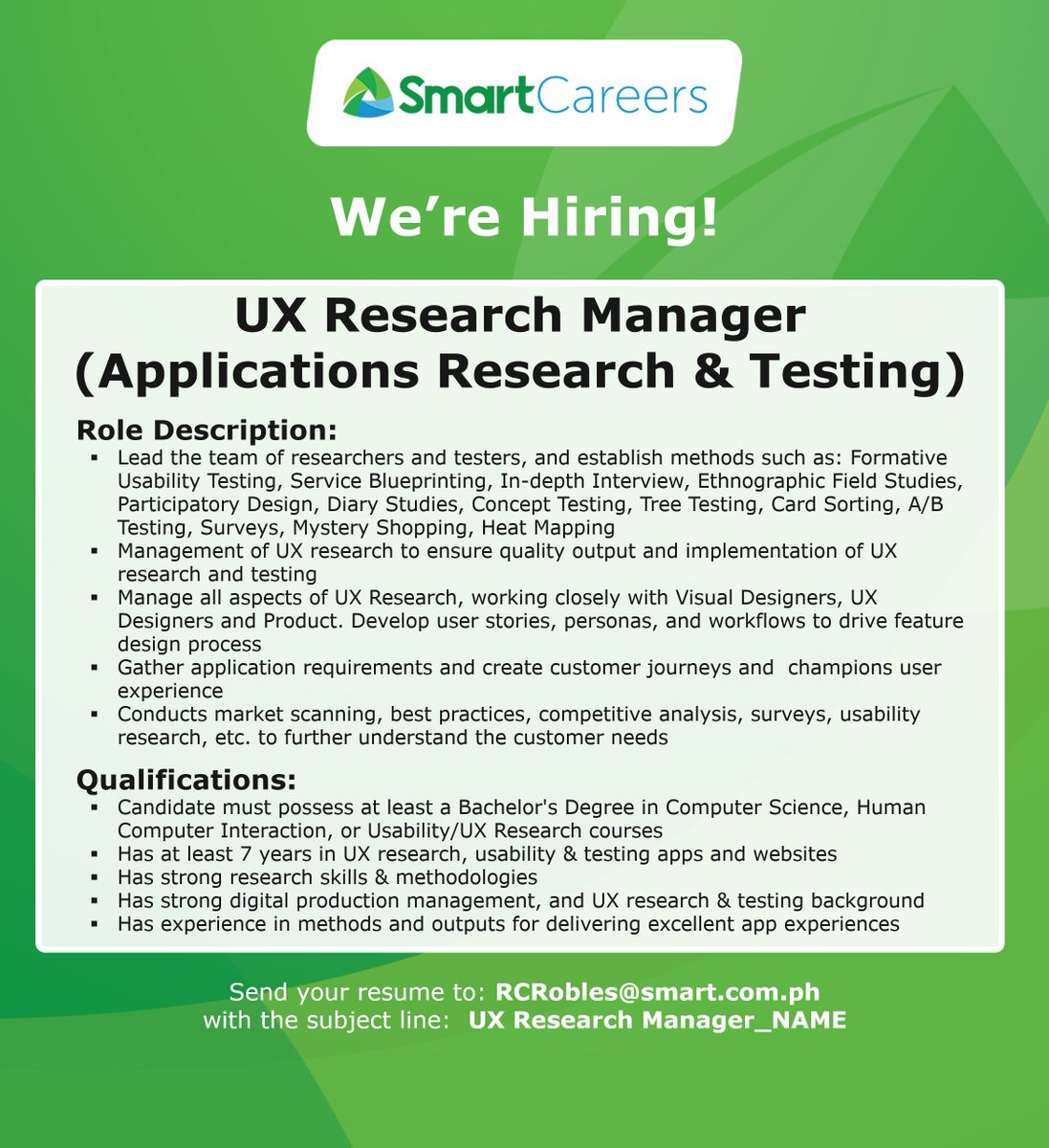 WorkatSMART's tweet photo. We're on the look-out for our next UX Research Manager! Join our Smart team! Check out the ad for more details. #WorkAtSmart #SmartCareers https://t.co/PJUiQy64Gw