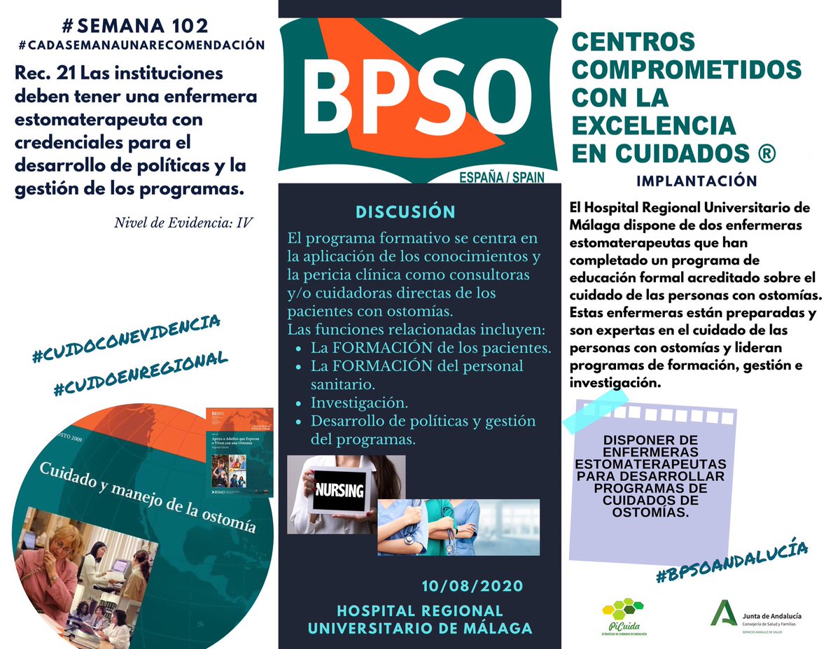 #CadaSemanaUnaRecomendación 
Las instituciones sanitarias deben tener una enfermera estomaterapeuta con credenciales para el desarrollo de políticas y la gestión de programas:
✅ formar 
✅ investigar
✅ desarrollar programas
#BpsoAndalucía #Bpso #ostomía #cuidoenregional