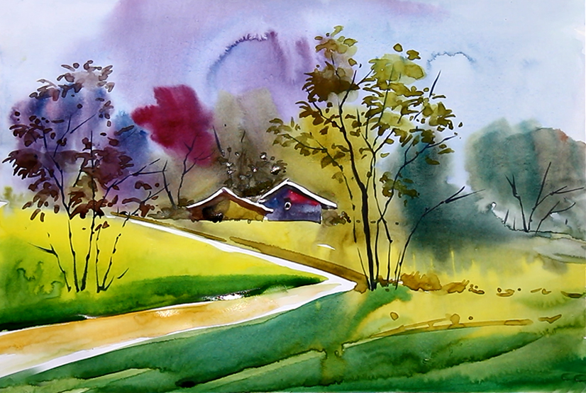 Beautiful watercolour scenery with sunset//village scenery painting | Watercolor  scenery, Watercolor scenery painting, Watercolor landscape paintings