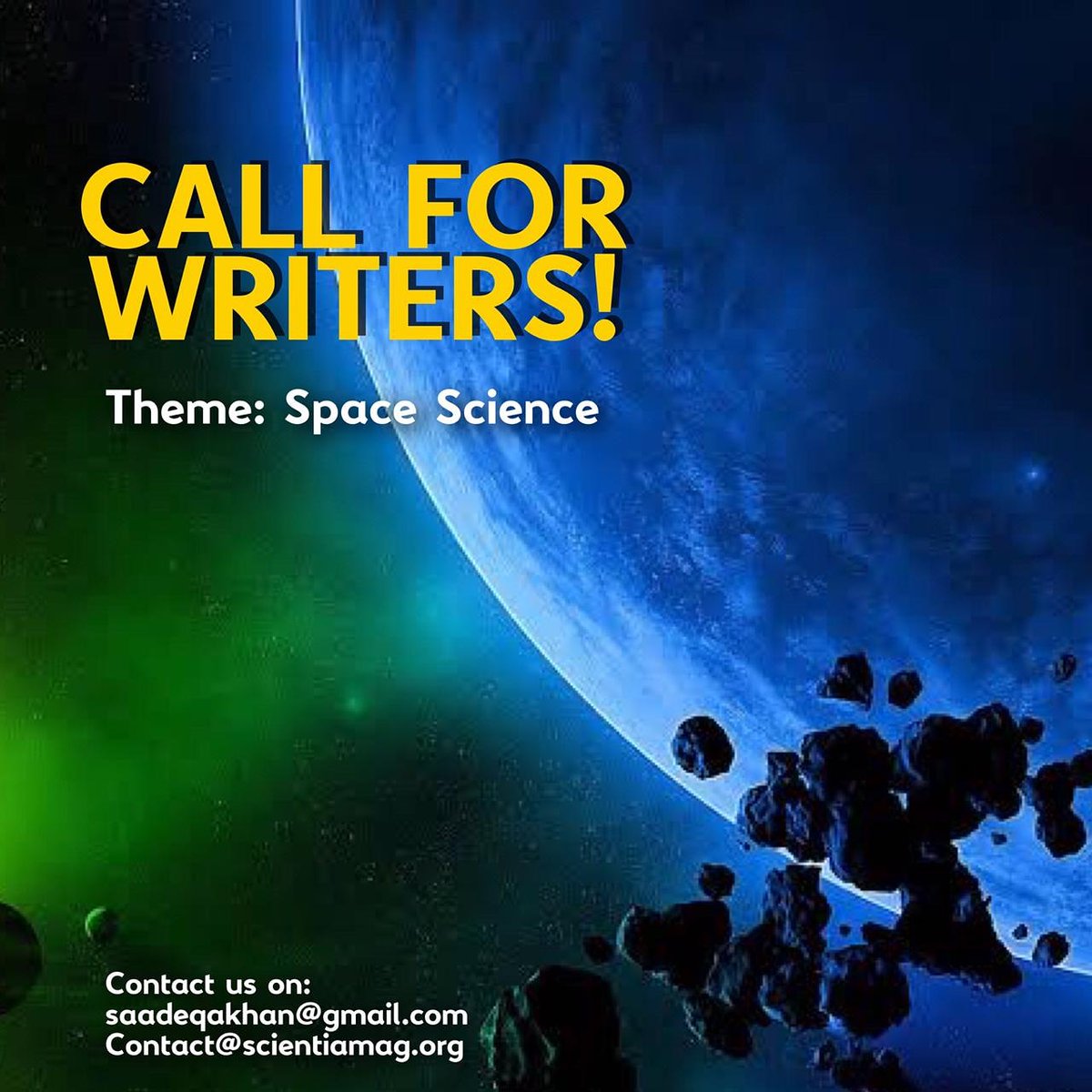 MagScientia's tweet image. Announcement 📢
Here comes an exciting opportunity to all space lovers, professionals, students and writers. If you are interested in writing for us drop your pitch on;
saadeqakhan@gmail.com
Or
Contact@scientiamag.org
#spacesciences