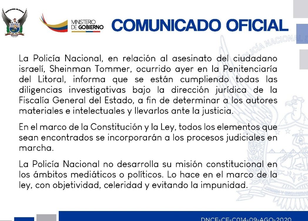 notimundoec's tweet photo. #Atención | La @PoliciaEcuador se pronuncia sobre el asesinato del ciudadano israelí #Sheinman #Tommer. El hecho ocurrió en la #penitenciaria del #litoral. ⤵️ https://t.co/LdYykGUYDc