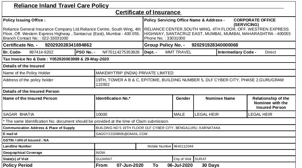 countersaggy's tweet photo. @makemytrip I booked the flight and bought the insurance too which is not providing me the claimed amount. Please help! PFA the copy of insurance. https://t.co/e9X4tqzb2R