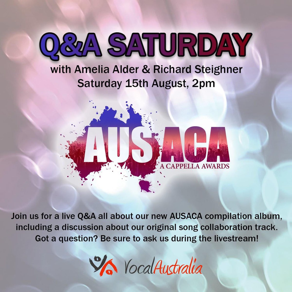VocalAustralia's tweet photo. Join us for a LIVE Q&A this Saturday 15th August at 2pm with Vocal Australia's Director @AmeliaAlder & @richardrobot as they discuss both our new #AUSACA compilation album AND our original song collaboration track.
Got a question? Be sure to ask us on Saturday! https://t.co/h5Z5zeOA9Q