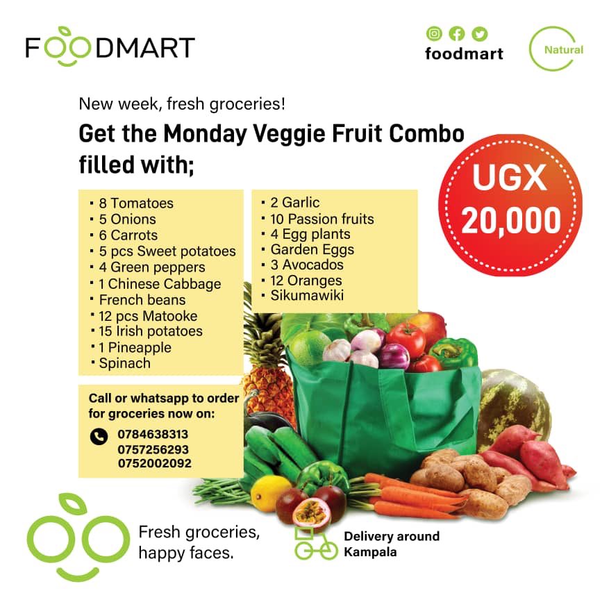 Still about fresh groceries 🥕🥦🥑🍆🌶🥒🍅🥬🥝🍍🍓🍋🍊🍐🍎🍏🍌🍉🍒. @FoodmartUg got you. Order these combos today and get everything you see on the list.