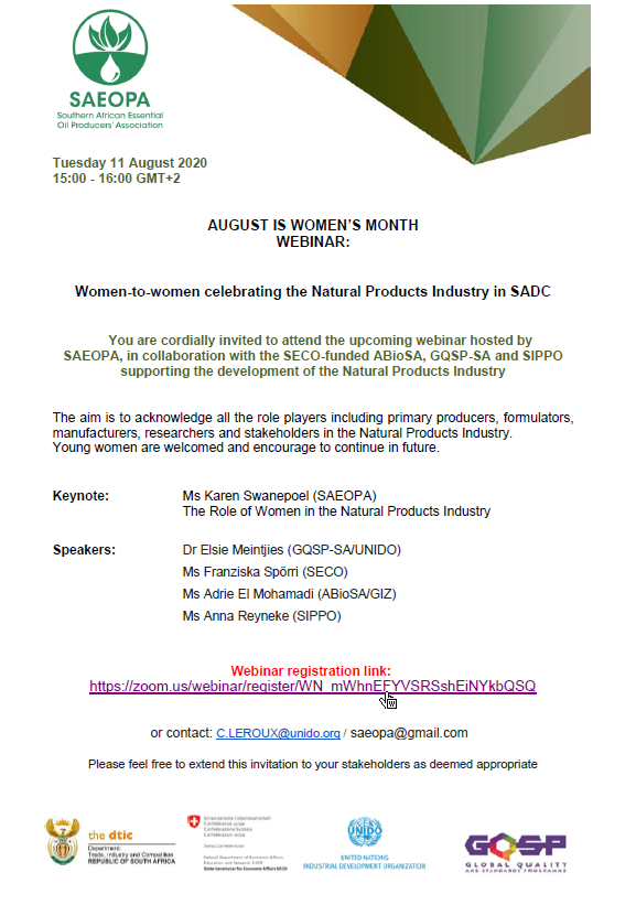 GqspSouthAfrica's tweet photo. August is #women's 👯‍♀️month! Join us tomorrow 🗓️11 August from 15:00-16:00 Pretoria time for a #webinar 💻on women-to-women 👭celebrating the natural products industry in the #SADC region! Register here 👉https://t.co/6b1mCZA82V https://t.co/0sKIXdBu5A