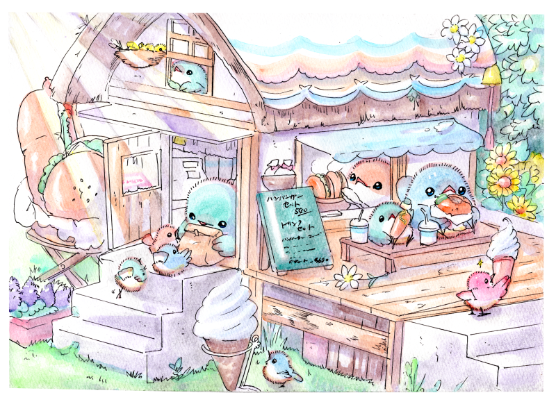 「小鳥のファーストフード店?
#イラスト #鳥 #アナログ 」|クレイン🌸のイラスト