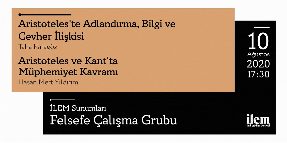 İLEM'de Bugün 

Aristoteles'te mutlak bilgi olan "epistêmê"nin nasıl temellendiği ve Aristoteles’in bir mantık terimi olarak kullandığı amfiboli (müphemiyet) kelimesinin Kant'taki anlamı ve yeri irdelenecektir. Sunumlar İLEM TV'de canlı yayınlanacaktır.

🗓️10.08.2020
🕠17:30