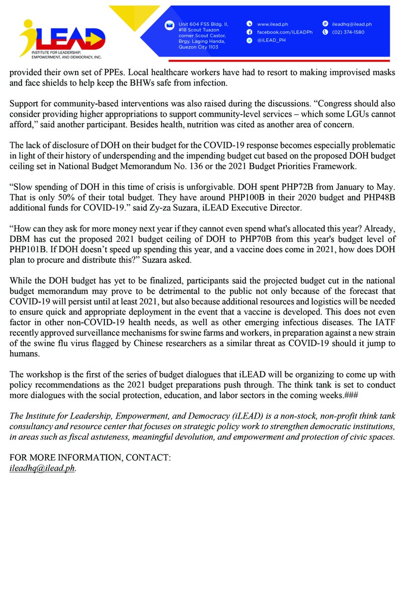 On 14 July 2020, iLEAD issued a press release following its consultation with public  #health advocates on the  #COVID19 budget issued to DOH.