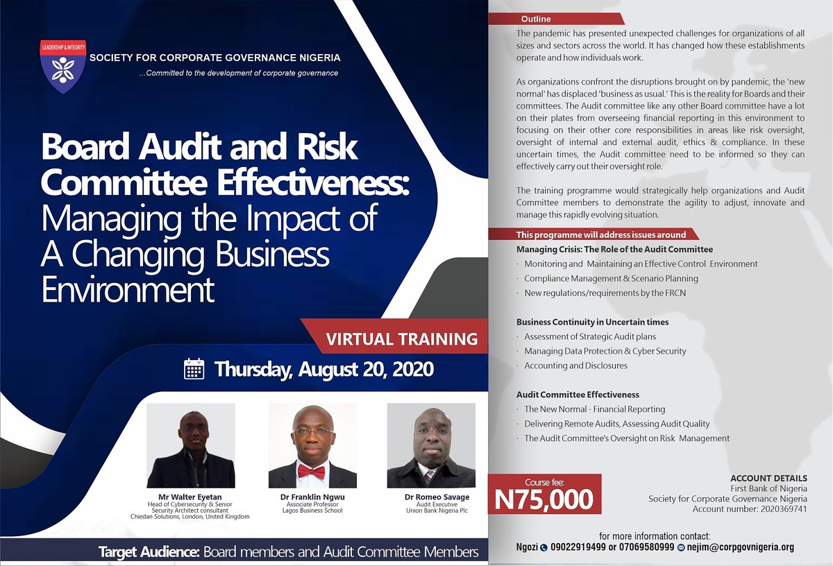 corpgovnigeria's tweet photo. Plan to Attend
To register, please use the link below:*
https://t.co/cEUtKxbuOs
#scgn #directors #scgnwebinar #corpgov #corporategovernance #boardofdirectors #boardeffectiveness #CorporateGovernanceNigeria #PENCOM #Nationalinsurancecommission #FRCN #NCC #Lagos #Nigeria https://t.co/hYp8fNIiCQ