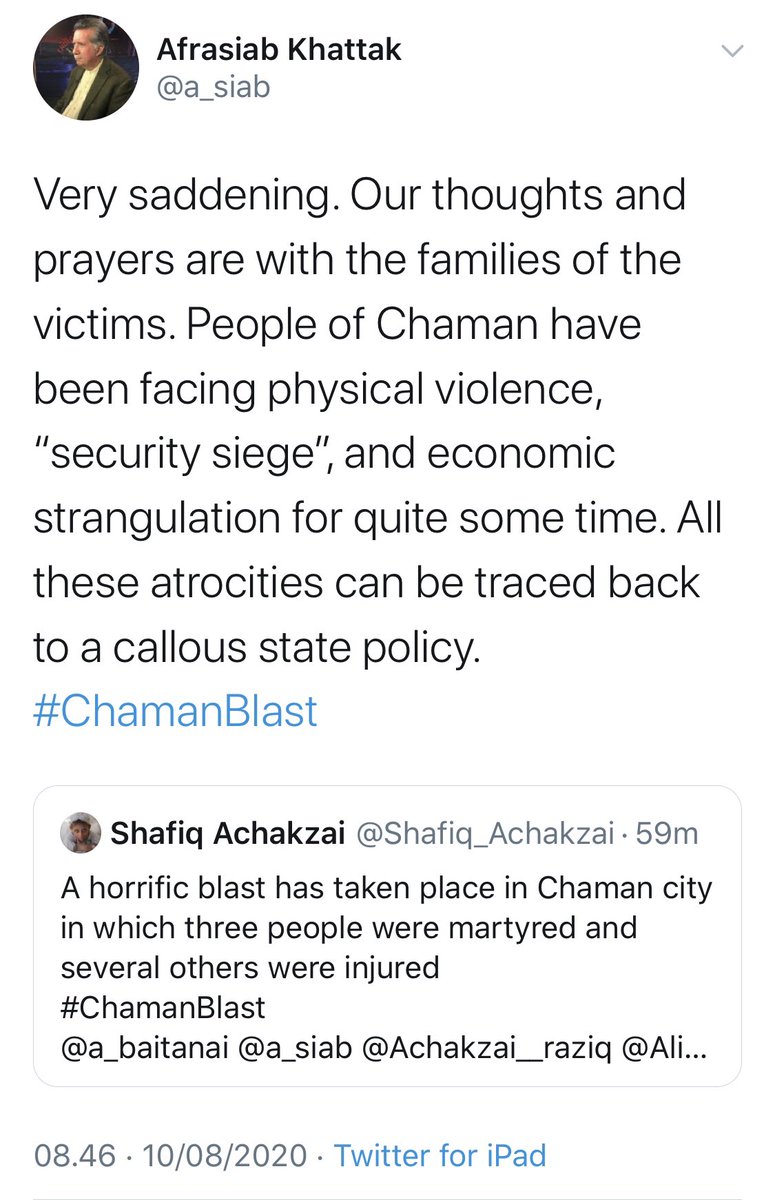 KhurramDehwar's tweet photo. A remote controlled bomb planted in a motorcycle at Maal road #Chaman was used by to target vehicles of 
Anti Narcotics Force after threats by the smuggling mafia at #PakAfghan border.

Yet, #PTM leadership is using
#Chamanblast as an opportunity to spread anti-state propaganda. https://t.co/tHNGcl860y