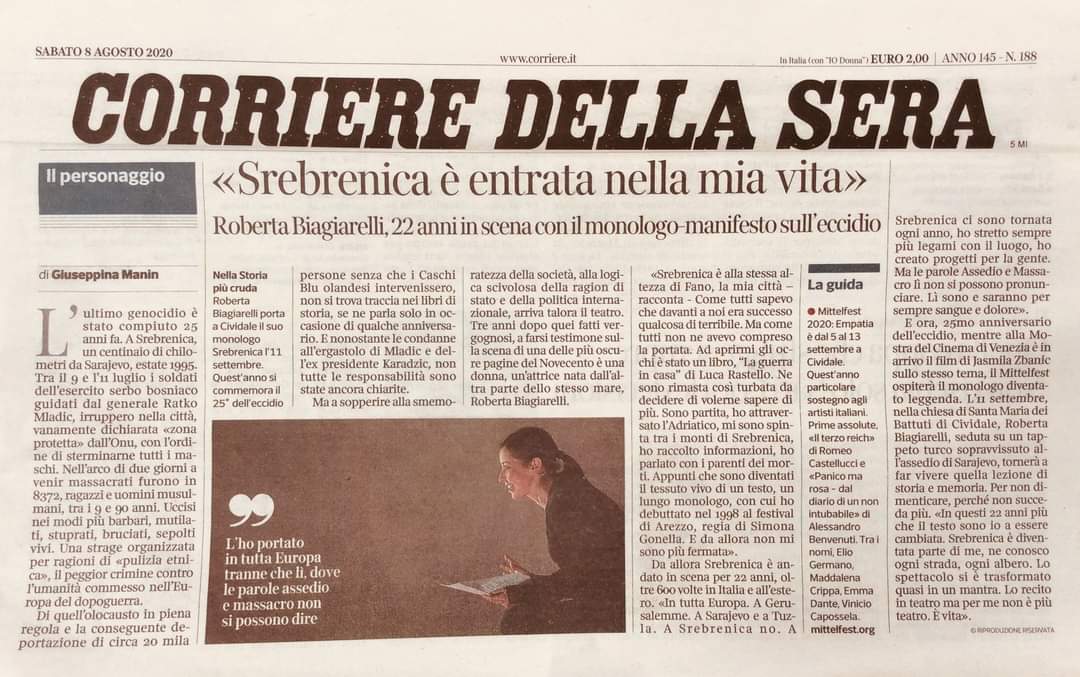 Voices from #Srebrenica have become a theatre monologue by #RobertaBiagiarelli, who has taken it around Europe 600 times, up to the 🇪🇺 Parliament.
A former <a href="/aics_it/">AICS Cooperazione_it</a> worker, she is an advocate for 🇧🇦.
"Srebrenica has entered my life", she tells the main 🇮🇹 daily <a href="/Corriere/">Corriere della Sera</a>