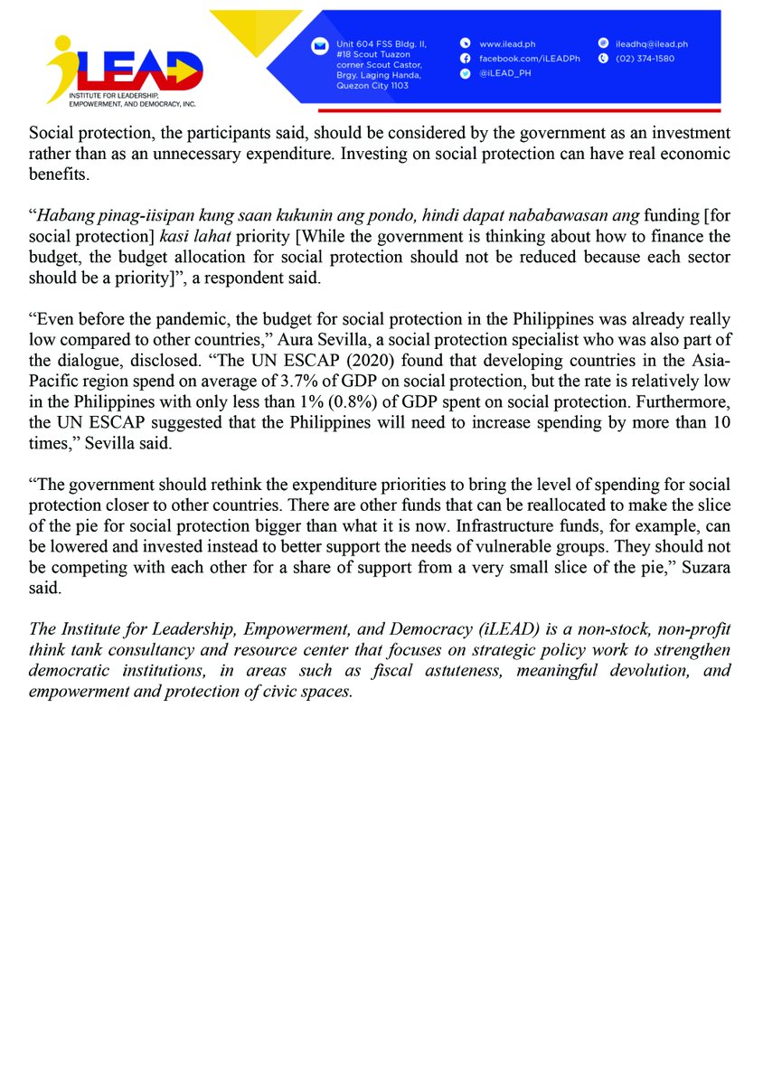 On 21 July, iLEAD issued a press release following its consultation with  #SocialProtection advocates on the Philippine government's budget, particularly  #COVID19 spending and priorities.