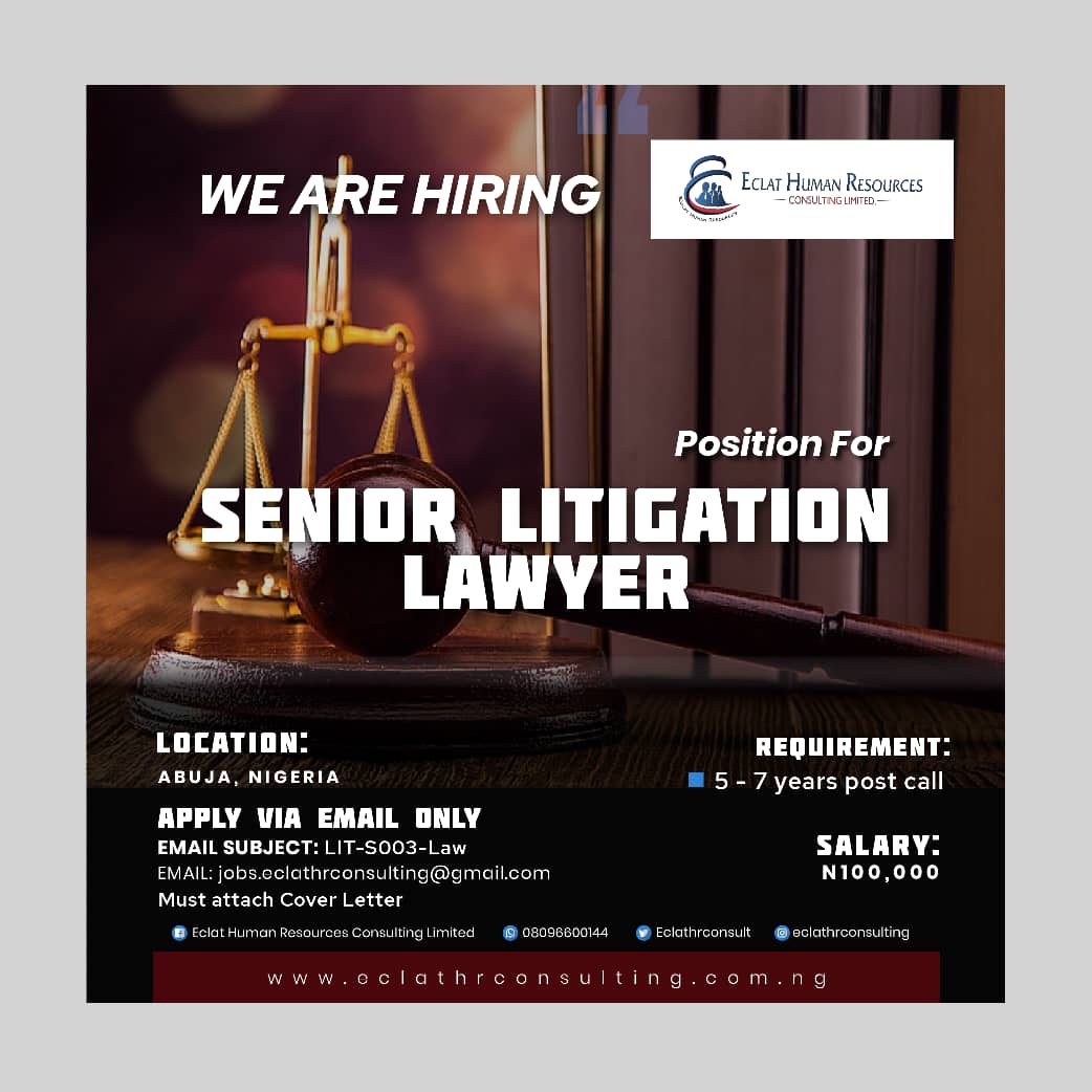 Cokesbaba's tweet photo. Sn LITIGATION LAWYER
Location: ABUJA
SUBJECT: LIT-S003-Law
EMAIL: jobs.eclathrconsulting@gmail.com
OFFER: 100k net
T&C APPLIESย #litigation #lawyer #bsc #jobsearch #Jobs #hiring & #jobinterview |#tweet #AbujaTwitterCommunity
#followme @cokesbaba & TAG #cokesbaba #thecokesman https://t.co/iKaKiHeMDf
