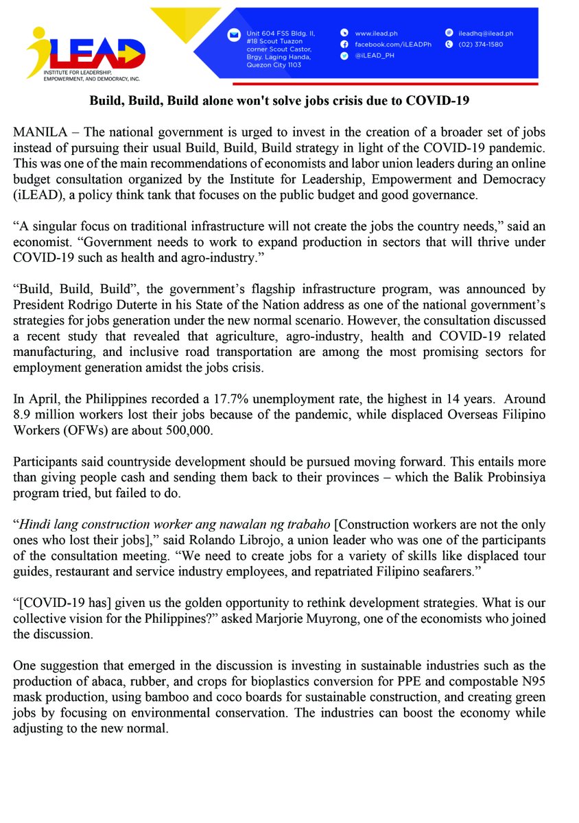 On 31 July, iLEAD issued a press release following its consultation with economics experts and labor leaders on the Philippine government's budget, particularly  #COVID19 spending and priorities, and the looming  #unemployment crisis.