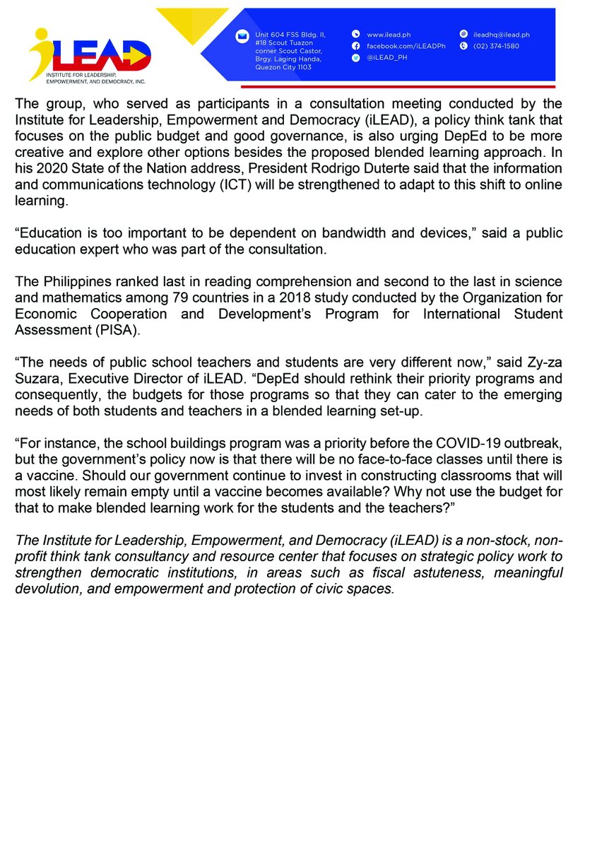On 6 August, iLEAD issued a press release following its consultation with  #education experts on the Philippine government's budget, particularly  #COVID19 spending and priorities, and strategies that can be employed in response to the current challenges brought by COVID19.