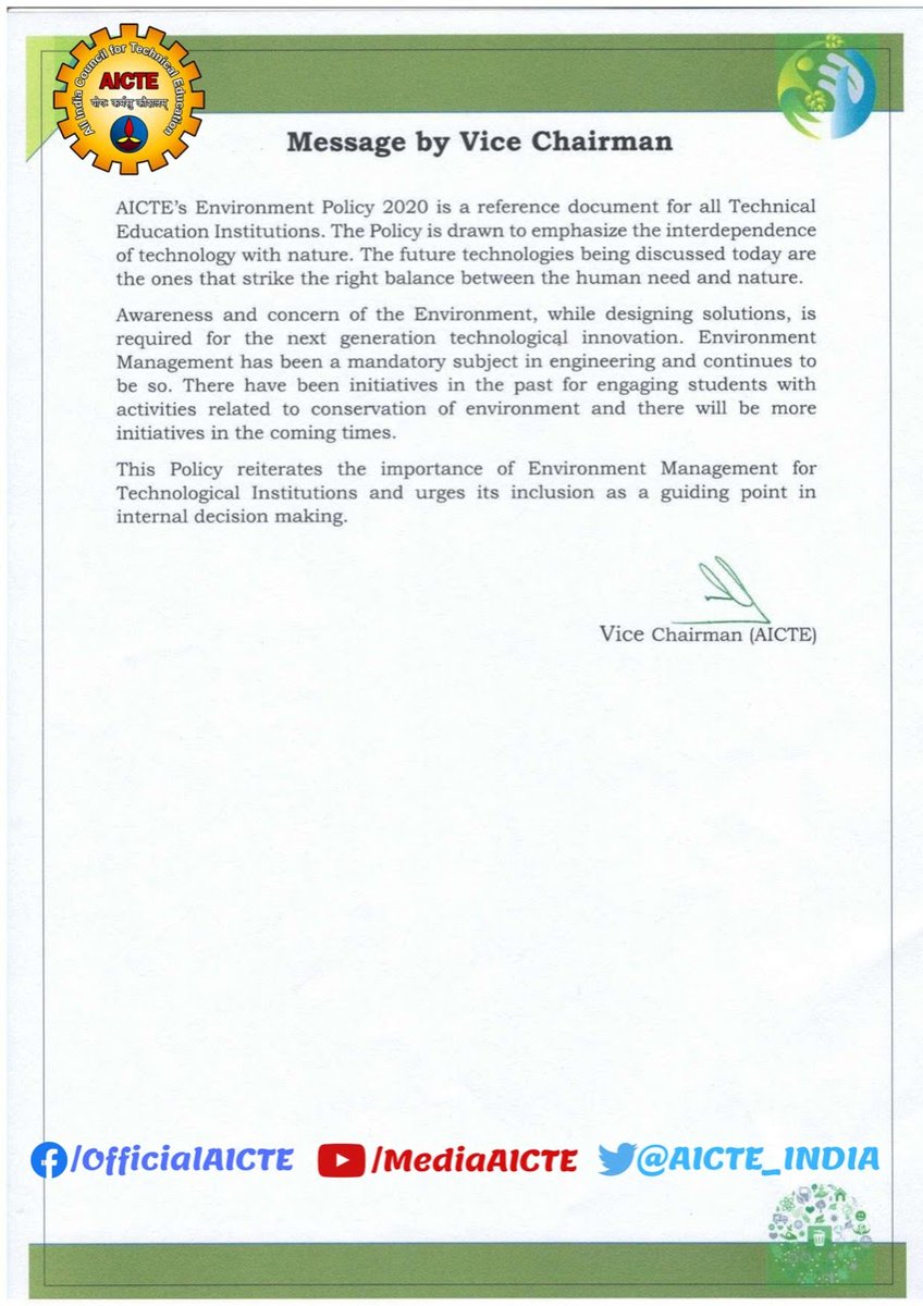 AICTE_INDIA's tweet photo. #AICTE #EnvironmentPolicy announced as guiding document for institutions.
Urging institutions to participate in #AICTE's initiatives:
#UnnatBharatAbhiyan
#RuralDevelopment
@JalShaktiAbhyan
#OneStudentOneTree
#SolarEnergy
#CleanAndGreenCampus,etc.
Details:https://t.co/OUN9y0iocm https://t.co/J21FChllHY