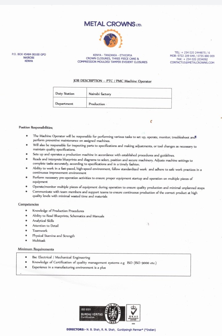 This was the job description... The company is called Metal Crowns Ltd...the job looked good on paper, it's operation of automatic machines.