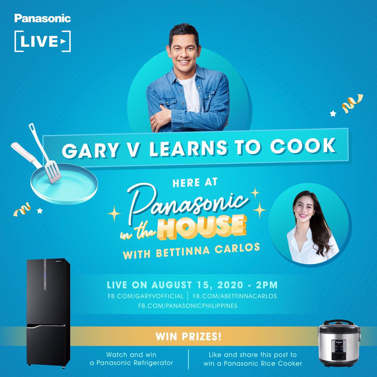 manila_genesis's tweet photo. Join us on FB live this Saturday for Gary V Learns to Cook Aug 15, 2PM together with @GaryValenciano1 and @abettinnacarlos for #PanasonicInTheHouse #GaryVCooks #GaryValenciano. ✨🙌 See you then on https://t.co/d1SLx87uL9 https://t.co/15LeOokT4j