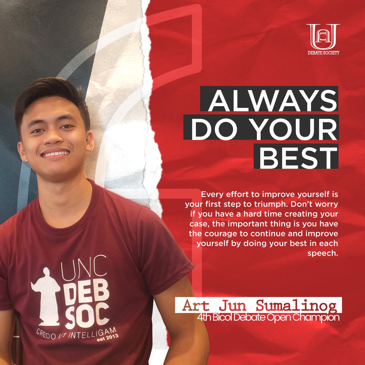 UNC_DS's tweet photo. #ExperienceDebateWithUs | Our members, Dioma Francis Durante and Art Jun Sumalinog shared their thoughts and insights on how you can make it in debating. Check it out below.
Register online at: https://t.co/4BYm90DGZP
Layout and design by: Cyen Esclanda https://t.co/N1HHElswRY