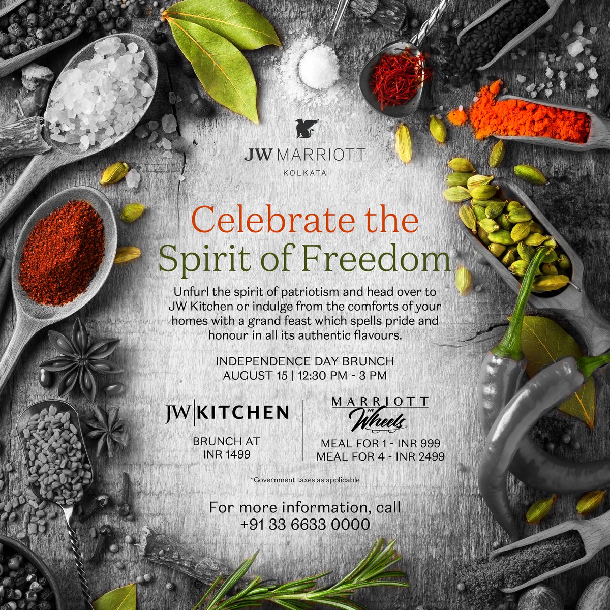 JWKolkata's tweet photo. To mark the occasion of #IndependenceDay, the team at JW Marriott Kolkata have curated a lavish feast for you to relish. Join us at #JWKitchen for a delectable brunch, or indulge in a special treat from the comfort of your homes. For more details, call at +91 9007062262. https://t.co/KjKEl3wCqJ