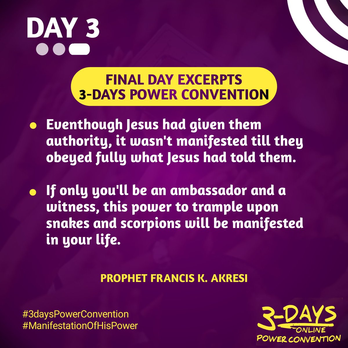 FINAL DAY EXCERPTS OF 3-DAYS POWER CONVENTION🔥

By: @FrancisQuabe

#PowerConvention
#ManifestationOfHisPower