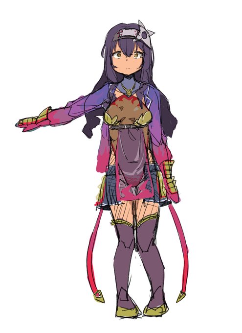 @bologneeese デザインざっくり描いてみたよ～～。術使う忍者系みたいな感じです。格好変わるかもしれないですけど、女の子はこんな雰囲気でいきたいな～って思ってます。 