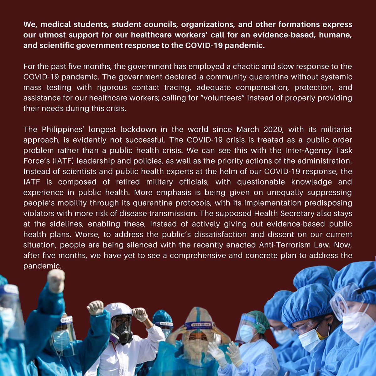 PMSANational's tweet image. [UNITY STATEMENT IN SUPPORT OF OUR HEALTHCARE WORKERS]

“The government needs to act now to bring honor to the lives of those that have fallen, and to preserve the lives of those who are still here.”

Link: facebook.com/15179753451657…

#SolusyonMedikalHindiMilitar
#DefendFrontliners