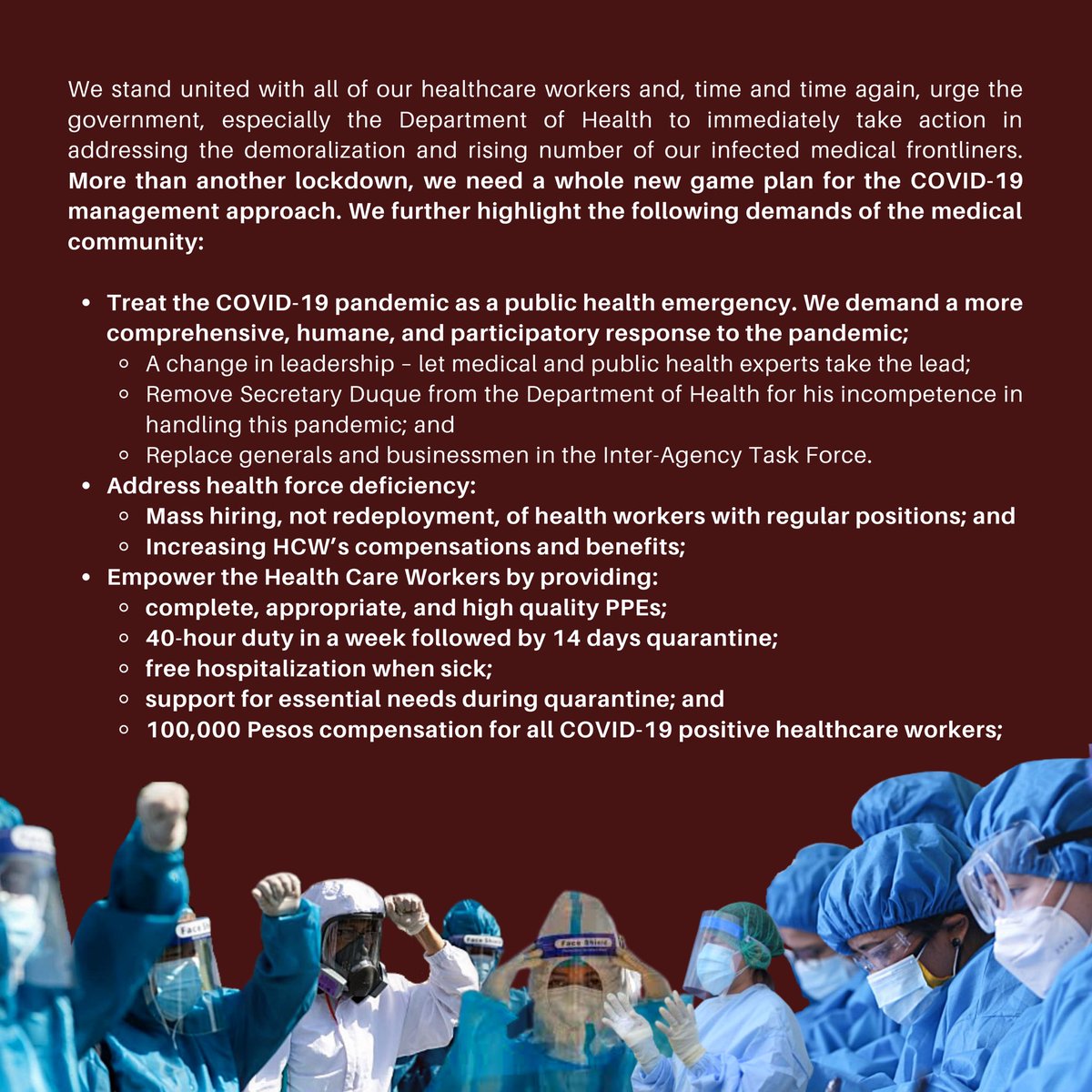 PMSANational's tweet image. [UNITY STATEMENT IN SUPPORT OF OUR HEALTHCARE WORKERS]

See complete list of signatories here: facebook.com/15179753451657…

#SolusyonMedikalHindiMilitar
#DefendFrontliners
(3/7)