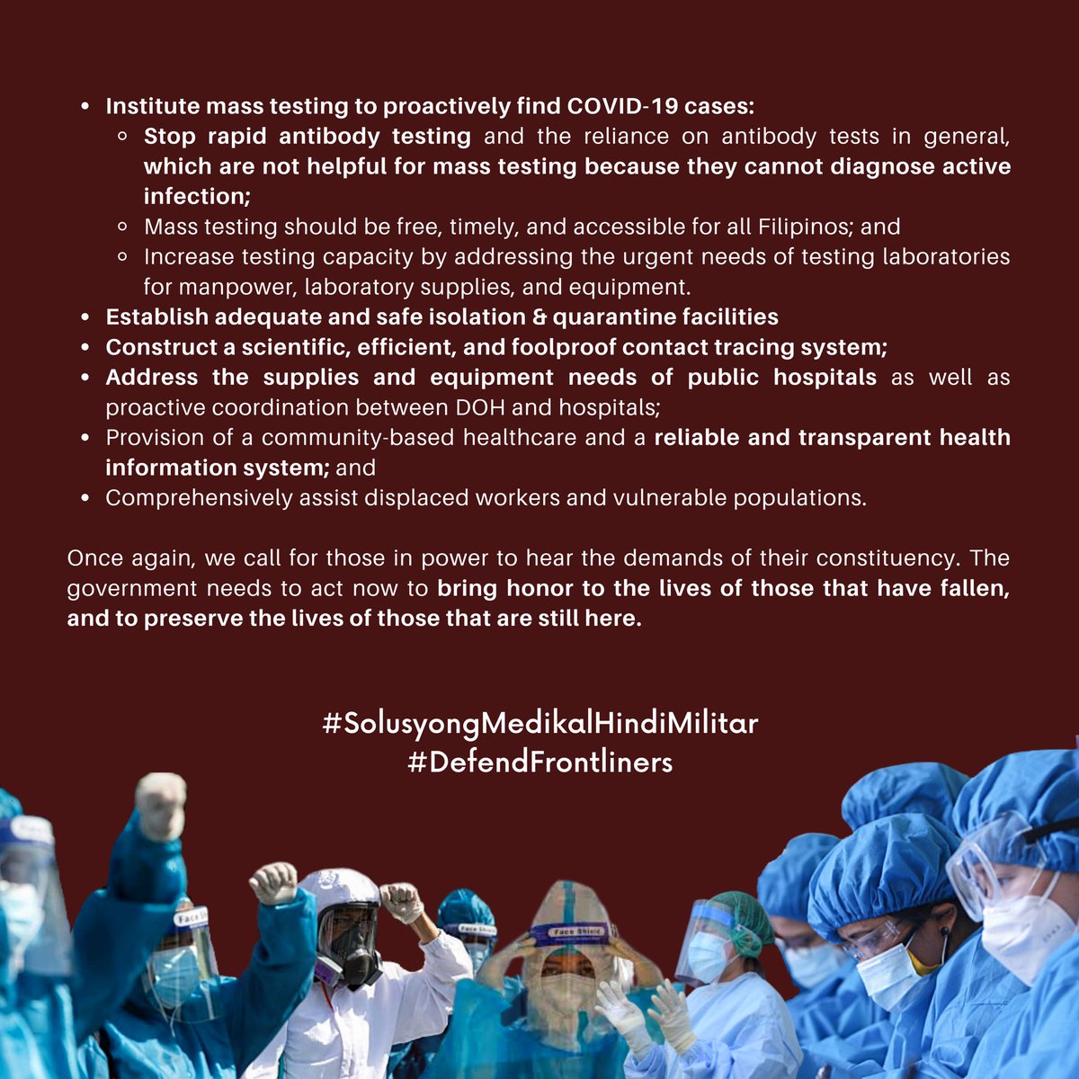 PMSANational's tweet image. [UNITY STATEMENT IN SUPPORT OF OUR HEALTHCARE WORKERS]

See complete list of signatories here: facebook.com/15179753451657…

#SolusyonMedikalHindiMilitar
#DefendFrontliners
(3/7)