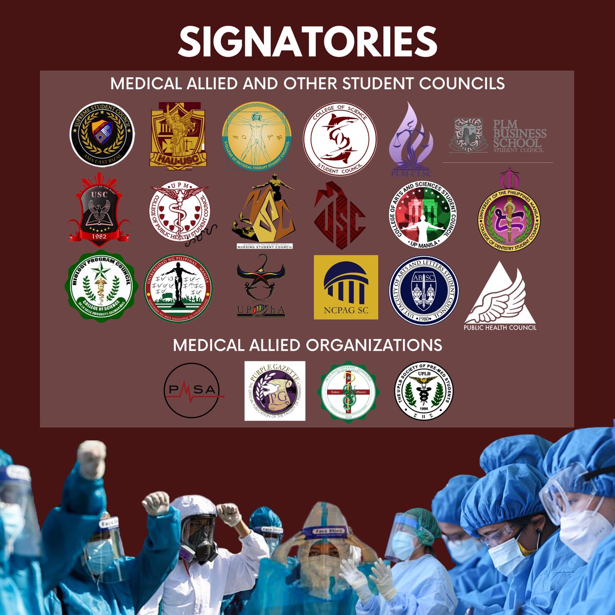 PMSANational's tweet image. [UNITY STATEMENT IN SUPPORT OF OUR HEALTHCARE WORKERS]

See complete list of signatories here: facebook.com/15179753451657…

#SolusyonMedikalHindiMilitar
#DefendFrontliners 
(5/7)