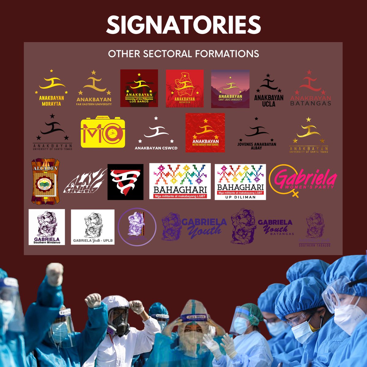 PMSANational's tweet image. [UNITY STATEMENT IN SUPPORT OF OUR HEALTHCARE WORKERS]

See complete list of signatories here: facebook.com/15179753451657…

#SolusyonMedikalHindiMilitar
#DefendFrontliners 
(5/7)