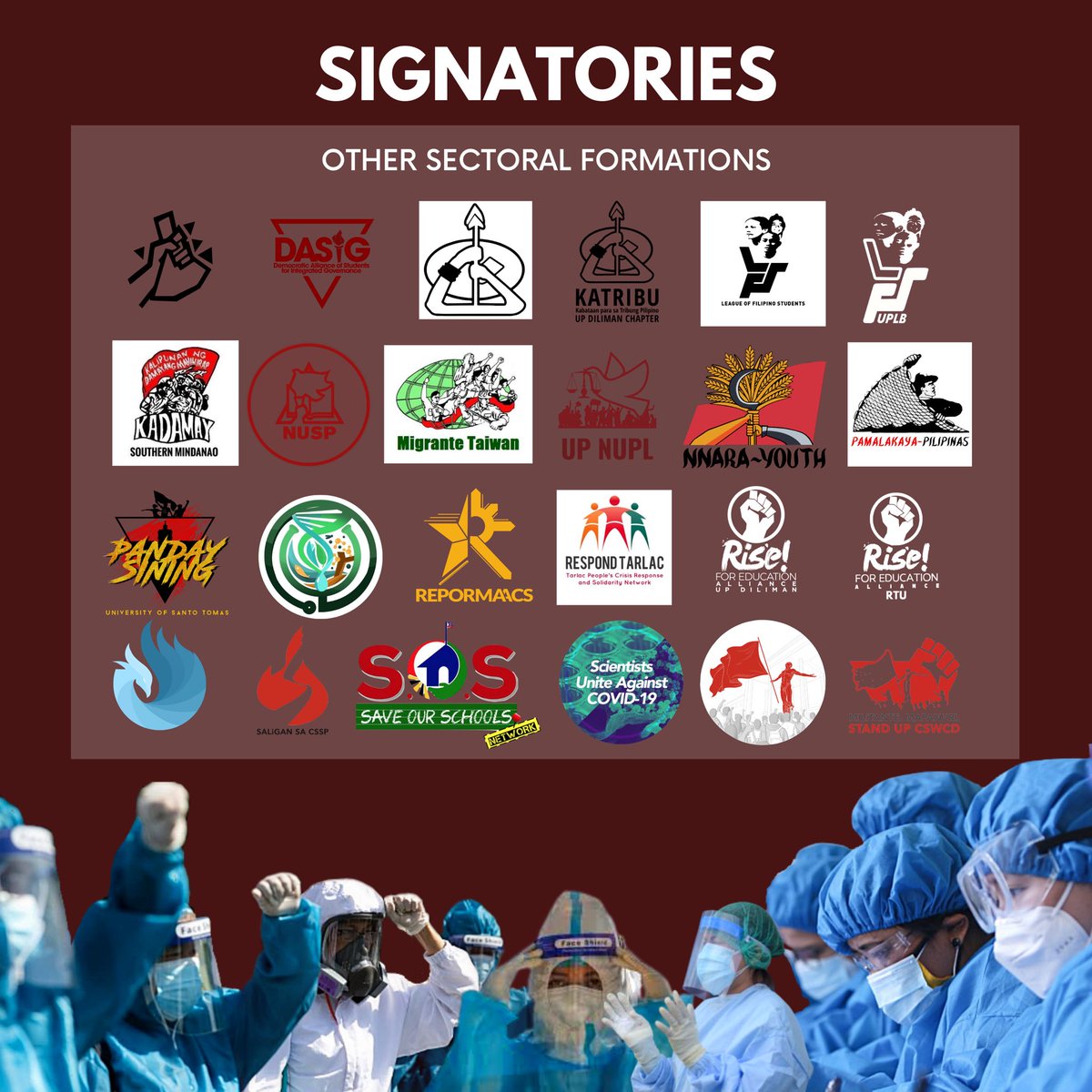 PMSANational's tweet image. [UNITY STATEMENT IN SUPPORT OF OUR HEALTHCARE WORKERS]

See complete list of signatories here: facebook.com/15179753451657…

#SolusyonMedikalHindiMilitar
#DefendFrontliners 
(6/7)