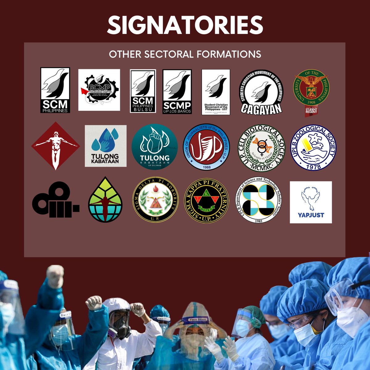 PMSANational's tweet image. [UNITY STATEMENT IN SUPPORT OF OUR HEALTHCARE WORKERS]

See complete list of signatories here: facebook.com/15179753451657…

#SolusyonMedikalHindiMilitar
#DefendFrontliners 
(6/7)