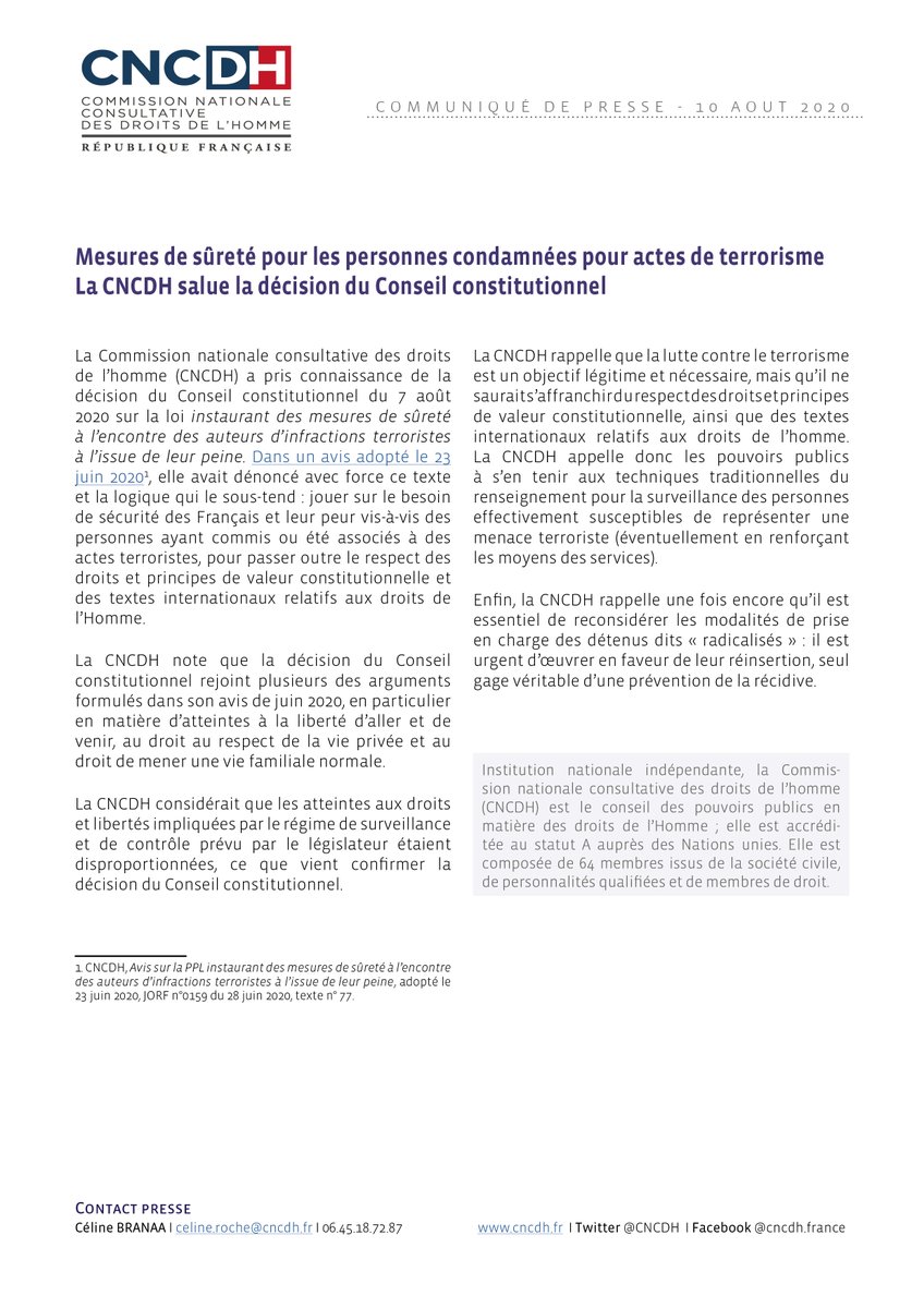 CNCDH's tweet photo. [CP] #PPLTerro #terrorisme #securite
La #CNCDH salue la décision du @Conseil_constit qui censure partiellement la loi instaurant un nv régime de sureté à l'enc/ de cert détenus en raison de leur "dangerosité."
👉https://t.co/f0ToMiyTox https://t.co/Ohfg2PJJ0k