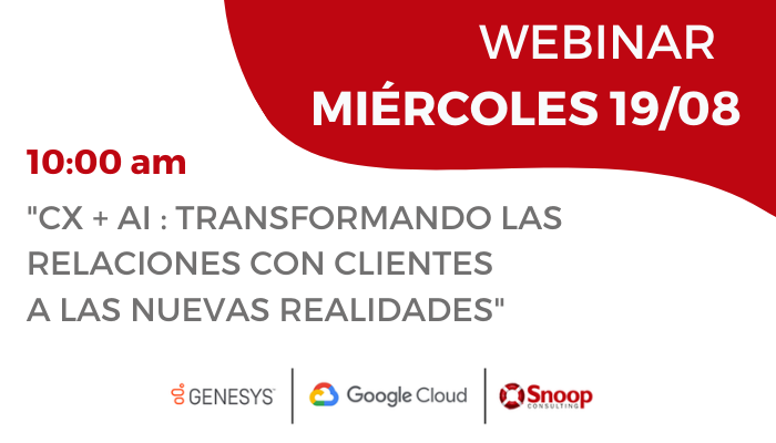 #Webinar Inteligencia Artificial + Customer Experience | Te invitamos el 19 de agosto a un webinar exclusivo junto con Google Cloud y Genesys. 𝐑𝐞𝐠𝐢𝐬𝐭𝐫𝐚𝐭𝐞 𝐠𝐫𝐚𝐭𝐢𝐬 𝐞𝐧:
bit.ly/WebinarCXIA
#GoogleCloud #Genesys #SnoopConsulting #CX #InteligenciaArtificial