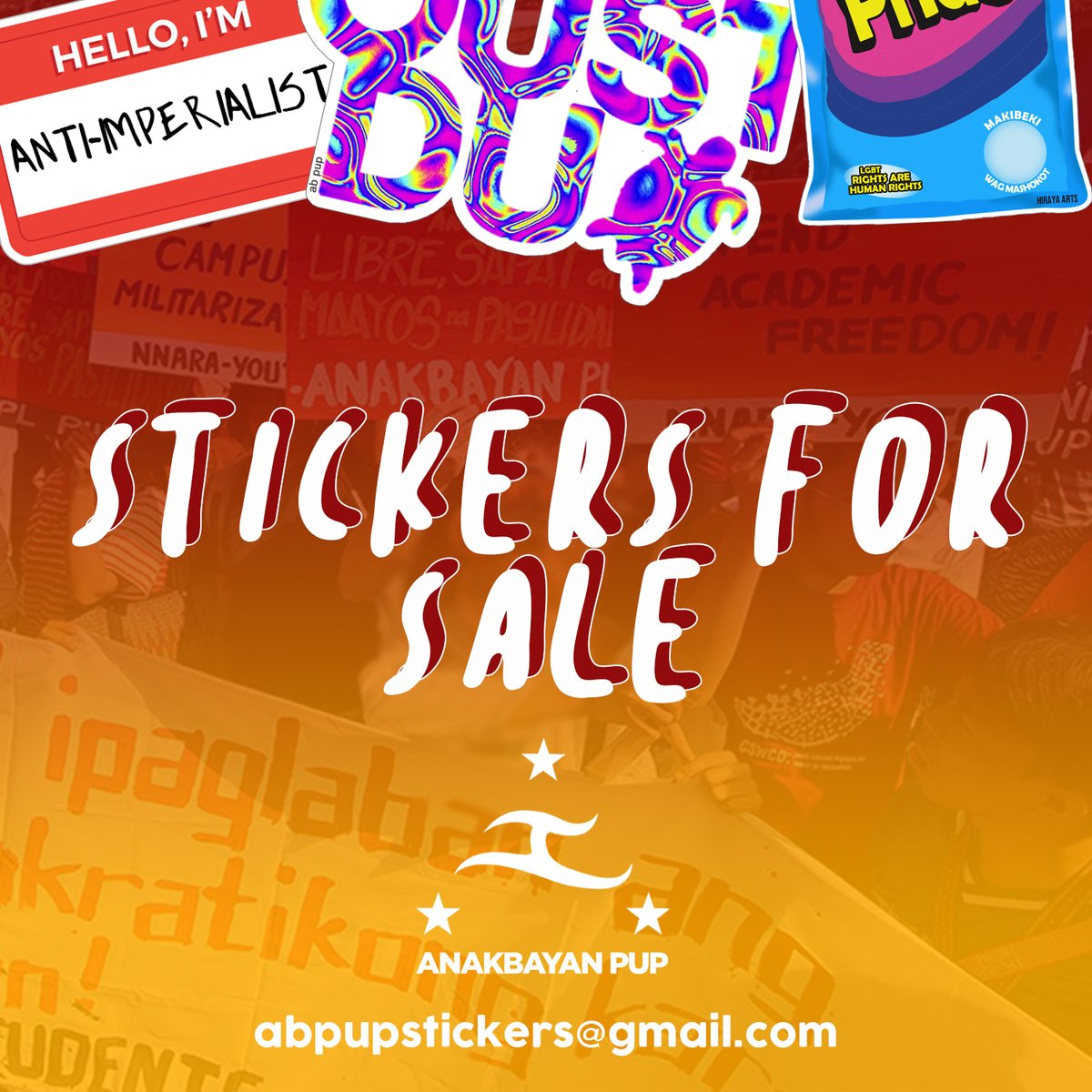 AnakbayanPUP's tweet photo. Stickers kayo diyan! 

Gigil ka na ba sa gobyerno? Stressedt to the max ka na ba sa administrasyong ito? Ipakita ang pagsuporta sa pakikibaka sa aesthetic na paraan. Buy our stickers for 20 pesos each ❤ (1/2) https://t.co/knGXVKPpdB