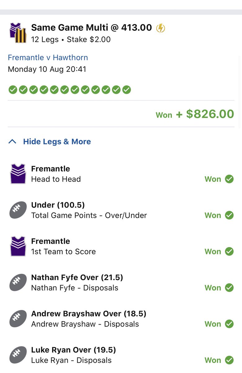 GamblorOfficial's tweet photo. Had a little play with the #AFL multis tonight to make a pretty boring Freo v Hawthorn match a little more interesting and pulled off this little ripper with some spare change! 🤣#AFLFreoHawks #sportsbet #sgm #aflbets https://t.co/PZzJ3jIyKo