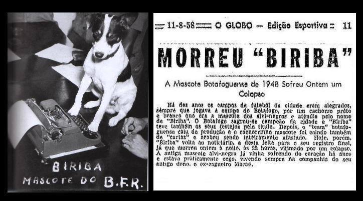 No dia 10/08/1958, o Botafogo perdia um dos seus principais personagens: o mascote Biriba, que foi levado por Carlito Rocha em todas as partidas do time campeão de 1948, após o jejum de 13 anos. A morte de Biriba foi notícia no dia seguinte, no Jornal O Globo.